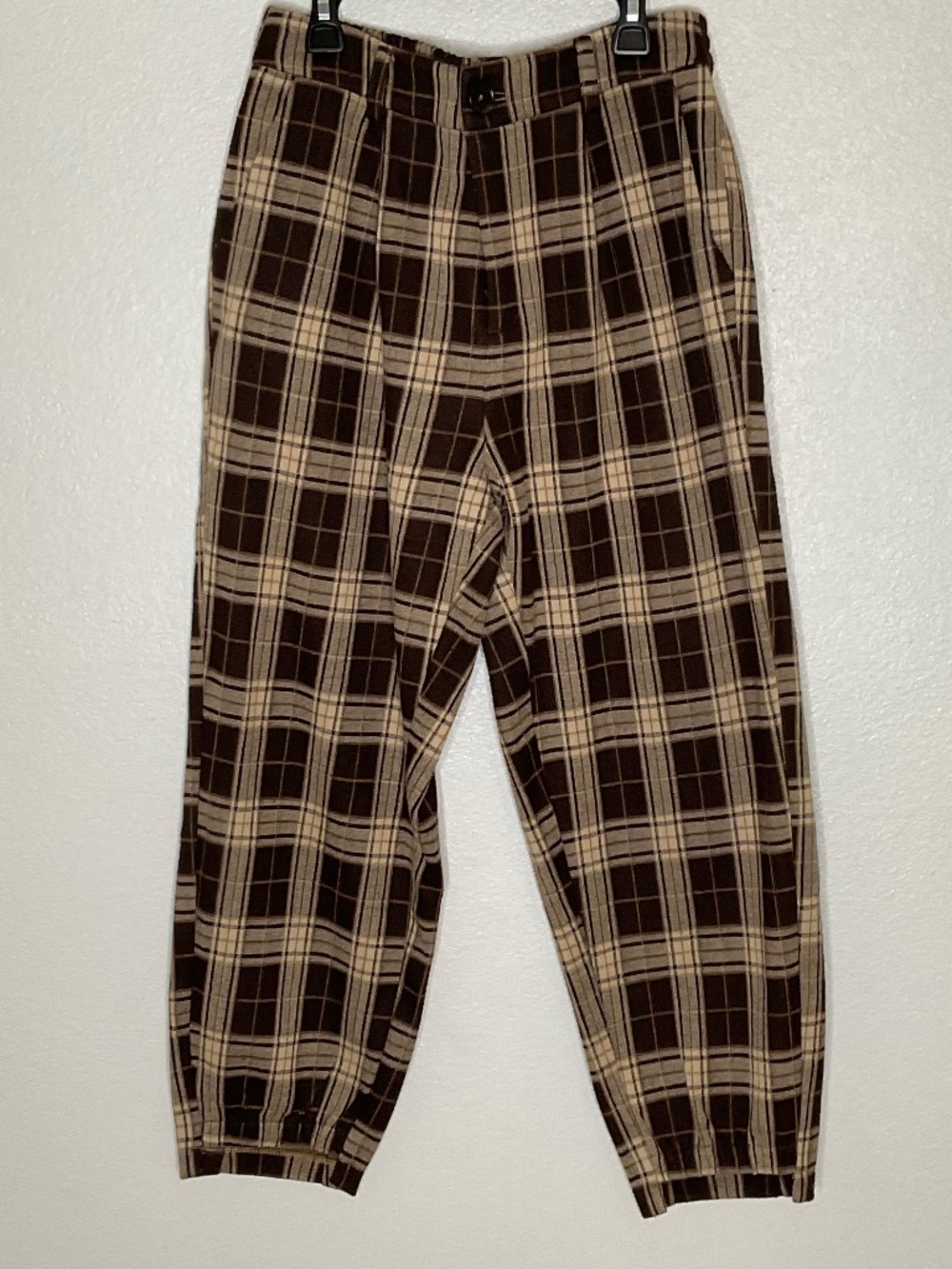 Brown Plaid Long Pants in a chocolate colorway Plaid Balloon pants Mo Zi